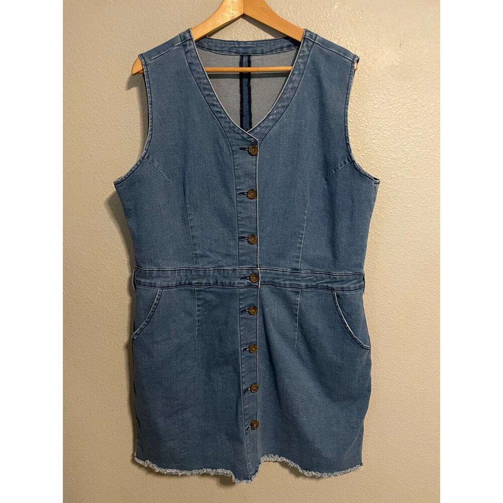 Denim Jumper Dress Womens 2X Blue Sleeveless Button Front Pockets Knee Length